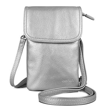 Imagem de befen Bolsa de telefone de couro genuíno para ombro, bolsa de ombro para celular feminina pequena, bolsa com bolsa tiracolo de couro, bolsa transversal feminina com alça ajustável e chaveiro, Prata, S