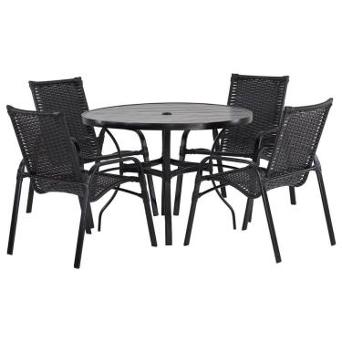 Imagem de Jogo 4 Cadeiras Alumínio e Mesa Tampo Ripado 100cm Diâmetro para Área Jardim Varanda Piscina Emily Preto