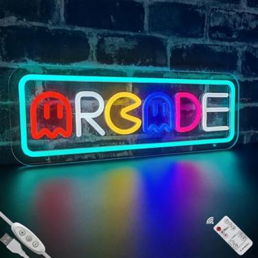 Imagem de COTTMIC Placa de neon Arcade para decoração de sala de jogos com controle remoto, luz LED neon para parede do quarto, alimentada por USB, decoração de sala de jogos de caverna masculina, melhores