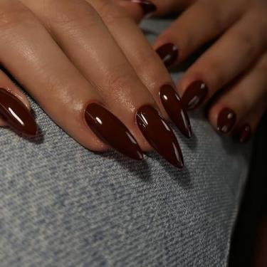Imagem de Unhas de pressão marrom em forma de amêndoa, comprimento médio – unhas postiças reutilizáveis de acrílico neutro para mulheres e meninas, cola em unhas postiças agulha, gel macio artificial