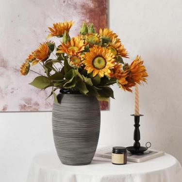 Imagem de ALMA Vaso grande preto para decoração de casa, vaso decorativo boho cinza de 30 cm de altura com boca larga, vaso de mesa de cerâmica para centros de mesa, sala de estar, fazenda, entrada, cornija