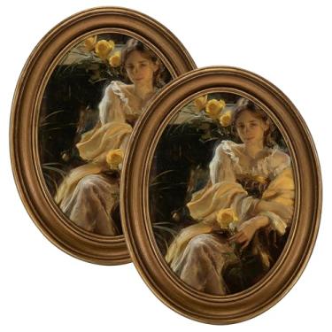 Imagem de eletecpro Conjunto de 2 porta-retratos vintage 12 x 18 cm com capa de vidro real, moldura oval ornamentada, exibição de 12 x 18 cm para pendurar na mesa ou na parede, decoração de casa dourada para