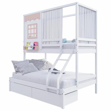 Imagem de Beliche Casinha Reta Casal- Solteiro Com 02 Gavetas E Cortina Madeira Maciça Branco- Rosa Housin