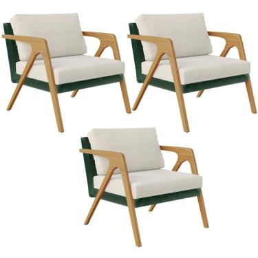 Imagem de Kit 03 Poltronas Sala L02 Facto Verde Musgo Linho Champagne
