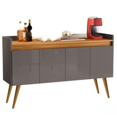 Imagem de Aparador Buffet Retrô com Pés de Madeira Maciça 3 ou 4 Portas Prateleira Organizadora para Sala e Entrada(Luxo 4 Cinza Com Madeirado)