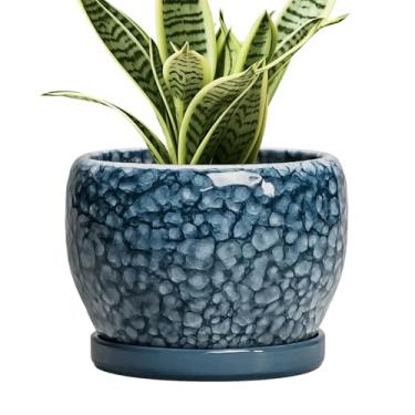 Imagem de SQOWL Vaso de cerâmica de 15 cm - Vaso para plantas internas e externas, vaso redondo de cerâmica com orifício de drenagem e pires, vasos de flores modernos esmaltados azul
