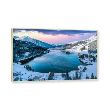 Imagem de Moldura de champanhe. Arte de parede em tela de paisagem de inverno, (pôr do sol do lago alpino), cena de natureza emoldurada para sala de estar, quarto, cena de inverno tranquila pronta para pendurar