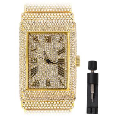 Imagem de Relógio masculino de luxo banhado a ouro 18 K, bisel gelado com algarismos romanos, diamantes de laboratório, movimento de quartzo, caixa de presente incluída, Dourado, Relógio de luxo hip hop bling