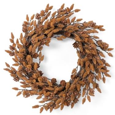 Imagem de Fuxdre Guirlanda de outono de 40,6 cm com pinha marrom para decoração de Natal ou outono, guirlanda de fazenda para decoração de parede de janela interna e externa