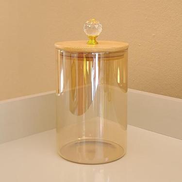 Imagem de Pote de vidro redondo ambar liso cristal com tampa de bambu 950ml pote
