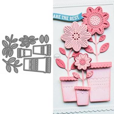 Imagem de DzIxY Conjunto de moldes de corte de metal com folhas de vaso de flores para fazer cartões, conjunto de recortes de papel, estêncil, suprimentos, modelos de máquina