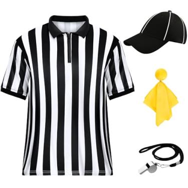 Imagem de Kit de fantasia de árbitro masculino, camisa de árbitro listrada, chapéu, apito de aço inoxidável com cordão, bandeira de penalidade para esportes de futebol e roupas de cosplay de Halloween