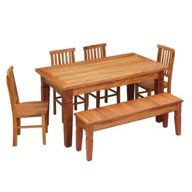 Imagem de Conjunto Mesa De Jantar 1,5 M 4 Cadeiras Mineira E Banco Madeira Maciça