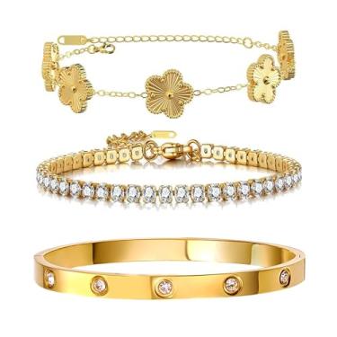 Imagem de Arthur Liu Conjunto de 3 pulseiras empilháveis de flor da sorte – Aço inoxidável banhado a ouro 14 K com zircônia cúbica fofa e charmosa para mulheres joias, One Size, Aço inoxidável, Zircônia cúbica