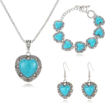 Imagem de RLHRNDE Joias de turquesa boêmia para mulheres homens feitas à mão boêmio amor ocidental colares grossos pulseira e brincos de declaração estética vintage western boho turquesa aniversário amizade