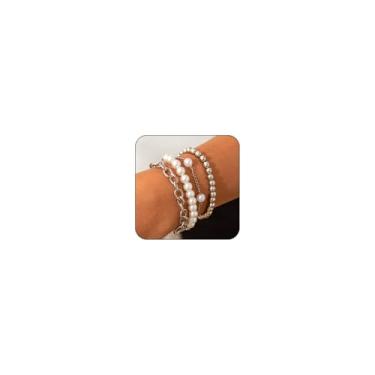 Imagem de CIWEAI 4 peças de pulseiras femininas com contas de ouro empilháveis de pérolas falsas pulseiras de corrente de elos em camadas modernas conjunto de joias de presente, Large, Zinco, Sem Pedra Preciosa