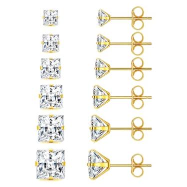 Imagem de Conjunto de brincos quadrados de zircônia cúbica com corte princesa, aço inoxidável, pequeno, prata, zircônia cúbica transparente, conjunto com 6 pares (3-4-5-6-7-8 mm)