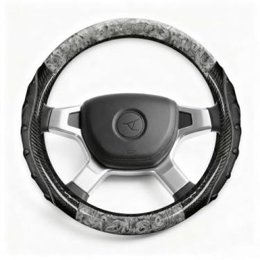 Imagem de Capa de volante de caminhão resistente 43 a 45 cm, fibra de carbono com aderência antiderrapante, protetor de roda extragrande para semi-caminhões comerciais, ônibus e trailers (cinza/preto)