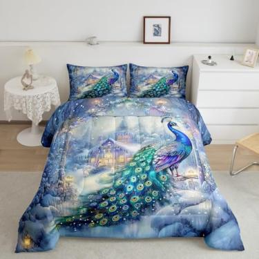 Imagem de Castle Fairy Conjunto de edredom Queen com cenário de neve de inverno, 3 peças, pássaros selvagens, animais alternativos, decoração de quarto de adultos, microfibra ultramacia, enchimento interno, 3