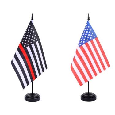 Imagem de JBSJBS EUA Thin Red Line Desk Flag 30.5 cm Solid Pole Deluxe Set US Firefighter Flags Banner Mini Pequenas Bandeiras de Mesa de Escritório Militar com Base de Suporte Preto Decorações de Mesa (pacote