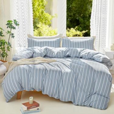 Imagem de DONEUS Conjunto de capa de edredom listrado king size 100% algodão lavado, 3 peças, super macio, respirável, confortável, natural, linho, texturizado, com fecho de zíper (listras largas azuis e