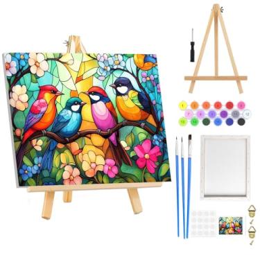 Imagem de RICUVED Kit de pintura por números de pássaros para adultos iniciantes emoldurado com cavalete de madeira, kits coloridos de pintura por número para adultos, flores, faça você mesmo, pintura a óleo