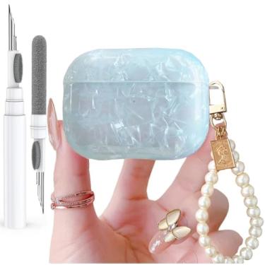 Imagem de Olytop Capa para Airpods Pro 3 com glitter fofo 2025 com caneta limpa, padrão de concha Apple Airpods iPod 3ª geração, capa protetora para meninas e mulheres com chaveiro pérola de luxo, azul