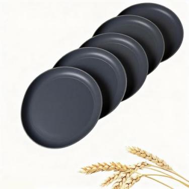 Imagem de ZQtyf Pratos de palha de trigo inquebráveis de 22 cm - 5 peças de conjuntos de pratos leves, seguros para lava-louças e micro-ondas - pratos de plástico reutilizáveis - perfeitos para acampamento