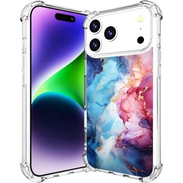 Imagem de Cisland Capa para iPhone 17 Pro Max design transparente, à prova de choque airbag bumper capa de telefone - pedra mármore azul rosa