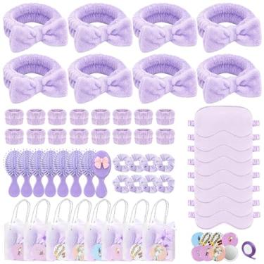 Imagem de 65 peças de artigos de festa do pijama para meninas, incluindo faixa de cabeça de spa, máscara para os olhos para dormir, scrunchie com laço de coquete, espelho, pente de cabelo, bolsas de presente