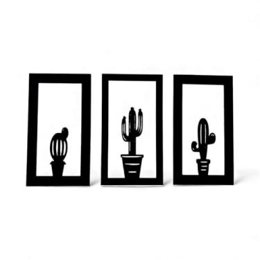 Imagem de Kit 3 Quadros Decorativos Cactos Vazados, MDF 3mm, Preto, 16x29cm, Design Minimalista