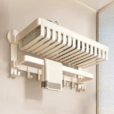 Imagem de Toalheiro de banheiro dobrável – Prateleira de toalha com ventosa com barras duplas e ganchos, sem perfuração, organizador de parede, para banheiros ou apartamentos pequenos, armazenamento com