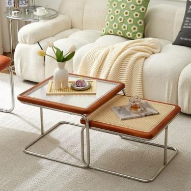 Imagem de Simple Modern Coffee Table set of 2, Nesting Coffee Table, Rattan Changhong Glass Material, Stainless Steel Base for Living Room Bedroom Balcony Yard(Brown)