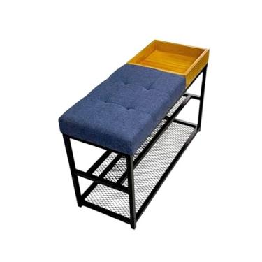 Imagem de SAPATEIRA ORGANIZADORA COM TELA 80CM ASSENTO ESTOFADO LUXO CAPITONE COM CAIXA APARADOR(Estrutura Preta/Assento Azul)