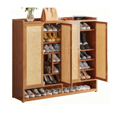 Imagem de SPXMQSS Armário de sapatos com portas, armário grande de armazenamento de sapatos de 7/8 níveis para entrada de bambu, sapateira independente para corredor, sala de estar, quarto, armário marrom B 120