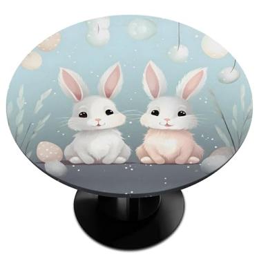 Imagem de cfpolar Toalha de mesa redonda de Páscoa com borda elástica, toalha de mesa de coelho de ovo de Páscoa, toalha de mesa lavável e limpável, capa de mesa de poliéster para cozinha, jantar, festa