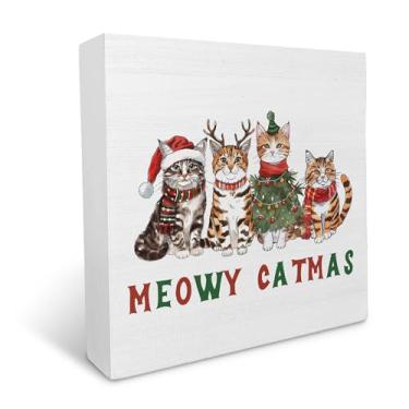 Imagem de Ku-Dayi Placa de caixa de madeira de gato de Natal, decoração de caixa de madeira Meowy Catmas para casa, quarto, escritório, decorações de Natal para gatos, placa de bloco de madeira, decoração de