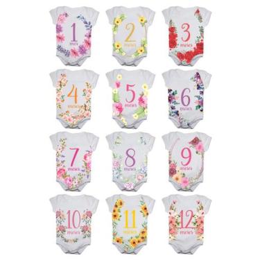 Imagem de Body Bebê Mesversario Floral Kit 12 Roupinhas de Neném 1 a 12 Meses - 