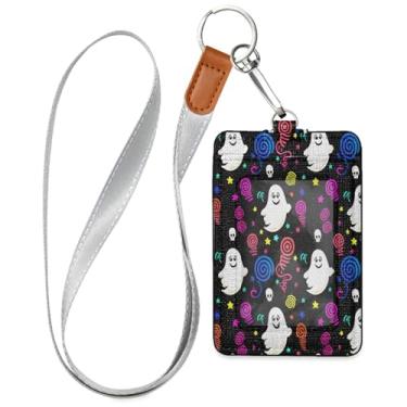 Imagem de Wassud Porta-crachá de couro PU Halloween Boo Swirls com cordão, porta-cartão de identificação para trabalho, cordão de pescoço com compartimentos para cartões de crédito, funcionários, estudantes