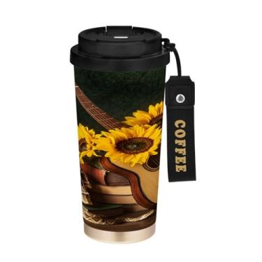 Imagem de STAYTOP Caneca de café de viagem com isolamento de caveira de girassol de guitarra de 500 ml, copo de café reutilizável de aço inoxidável com tampa flip à prova de vazamento à prova de vazamento para