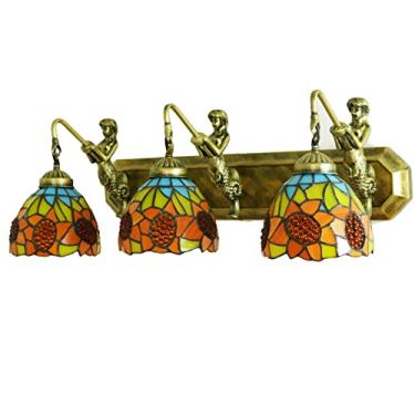 Imagem de Luminária de parede estilo Tiffany para banheiro, com 3 lâmpadas, vitral, design campestre com girassóis, para espelho frontal, ideal para banheiro, maquiagem e corredor. Soquete E27/E26 x 3