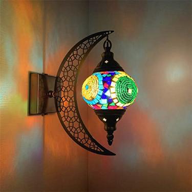Imagem de Luminária de parede turca em mosaico com lua, aplique de parede marroquino em vidro, luminária de cabeceira decorativa para sala de estar, quarto, corredor, varanda, café ou bar.