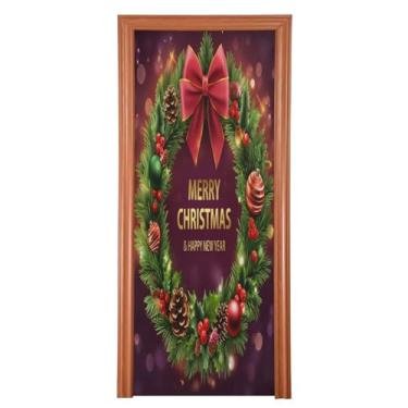 Imagem de Qilmy Decoração de capa de porta de feliz Natal 81 x 200 cm tecido grande para decoração de festas de fim de ano placa para porta da frente varanda decoração externa janela parede 808