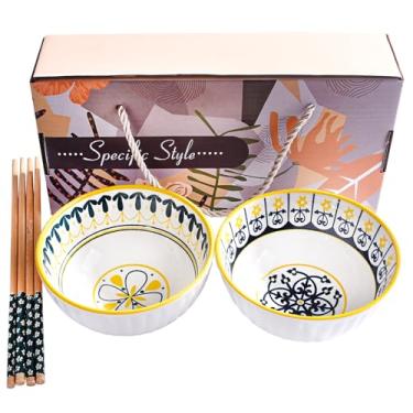 Imagem de Conjunto de tigelas de arroz de cerâmica com 2 hashis, tigelas de jantar estilo japonês, pacote de caixa de presente decorativa (2, BO)