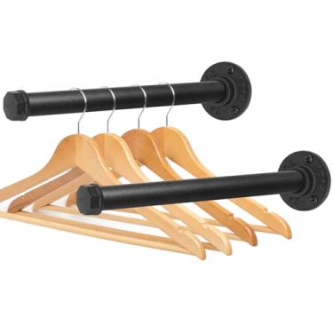 Imagem de Suporte de parede para roupas, rack de roupas de tubo industrial para pendurar roupas, rack de ferro fundido resistente para organizadores de guarda-roupa, varões de armário DIY (preto, pacote com 2