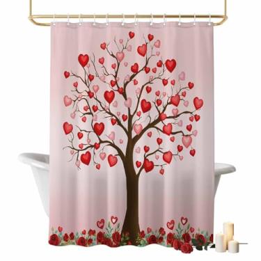 Imagem de Cortina de chuveiro Dia dos Namorados Love Heart Tree Cortinas de banheiro com ganchos, tecido de poliéster impermeável, rosa vermelha, rosa, romântico, conjunto de cortinas de chuveiro para banheiro