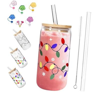 Imagem de SNCIDSGE Copo de Natal que muda de cor, tampa à prova de vazamento de bambu e canudo de aço, caneca de viagem reutilizável para café gelado, smoothie, coquetel, copo de presente de decoração de festa