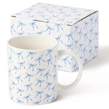 Imagem de R HORSE Caneca de café Blue Bow - Caneca de café de cerâmica aquarela de 325 ml, copo de leite de chá de coquete fofo para escritório e casa, presentes de aniversário de Natal estéticos para meninas