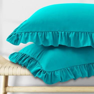 Imagem de KKJIAF Conjunto de 2 fronhas Queen Size com babados, fronhas com fecho de envelope, resistente a amassados, 50,8 x 76,2 cm, azul-petróleo