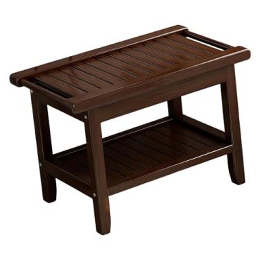 Imagem de KiBcsLic Banco de Chuveiro/banquinho para Banheiro com Barras de Apoio, Impermeável, Prático, Estável, de Madeira, com Prateleira de Armazenamento, Marrom escuro liso